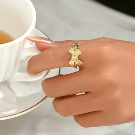 18K Gold Plated Stackable Bow Rings for Women Dainty Adjustable Open Cubic Zirconia Friendship Bow Knot Rings