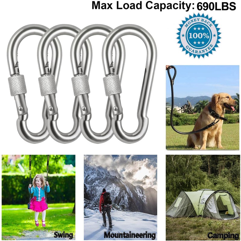 Acquwistach Locking Carabiner Clips 4 Pack 4" Stainless Steel Spring