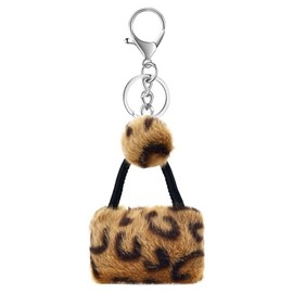 TUCEWP Leopard Print Pom Pom Keychain Miniature Tote Bag Shape Keychain Artificial Fur Ball Keychains Fluffy Tote Pendant for Handbag Charms Aesthetic Purse Bag Car Accessories Birthday Christmas Gift