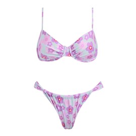 VOLAFA Women's Triangle Bikini Set Smooth Elastic Frilled Push Up Swimsuit Two Piece Bathing Suit (Purplefloral-P, Medium, Numeric_6)