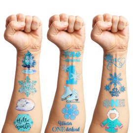 100 PCS Winter Onederland 1st Birthday Party Decorations Favors Supplies Blue Snowflake Snowman Winter Temporary Tattoos Stickers Gifts For Girls Boys Classroom School Prizes Reward