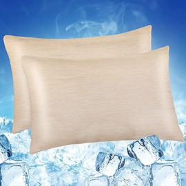 LUXEAR Cooling Pillowcases Queen Size, 2 Pack Cooling Pillow Cover with Japanese Q-Max 0.45 Arc-Chill Cooling Fiber, Breathable, Soft, Eco-Friendly, Hidden Zipper Design - (20x30 in)-Beige