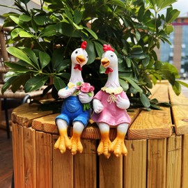 Handside Couple Duck Garden Statues Cartoon Resin Cute Sitting Chicken Sculpture Goose Lovers Figurine Gift Decorations for Yard Home Patio and Office and Wedding (Chicken)