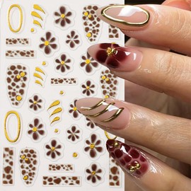 4 Sheet Flower Nail Art Stickers Golden Gilding French Design Nail Stickers 3D Self-Adhesive Exquisite Line Nail Decals Leopard Print Nail Art Decals Fall Flower Nail Supply for Women DIY Manicure
