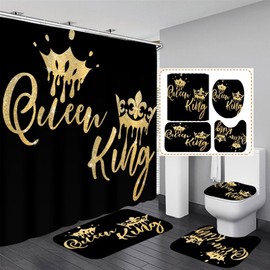 AZHM Queen and King Shower Curtain Set for Bathroom 4 Pcs Black Bathroom Accessory Decor Sets with Shower Curtain and Rugs