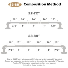 OLV 2 Pack Gold Industrial Curtain Rods for Windows 48 to 84 Inch(4-7 ft),1'' Blackout Wrap Around Curtain Rods,Indoor and Outdoor,Size:36''-88''