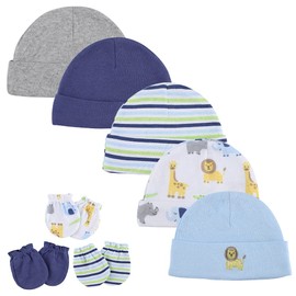LACOFIA Newborn Baby Beanie Hats and Anti Scratch Mittens Set Infant 100% Cotton Caps and Gloves Newborn Boys Essentials Blue Lion 0-6 Months