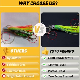 YOTO Trolling Lure Saltwater,6.5 inch 6 pcs Squid Skirted Deep Sea Fishing Lure kit,Tuna,Marlin,Wahoo,Shark,Mahi Trolling Fishing Lures