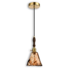 LUXWELL Modern Amber Glass Pendant Light, 7.9"x7.9" Floral Bell-Shaped Hanging Light with Wood Handle & Brass Cap, 15"-72" Adjustable Line, E26 Socket – Golden Amber Morning Glory