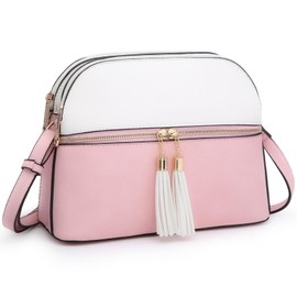 Dasein Women Tassel Zipper Pocket Crossbody Bag Shoulder Purse Fashion Travel Bag with Multi Pockets(1-Pink/White)