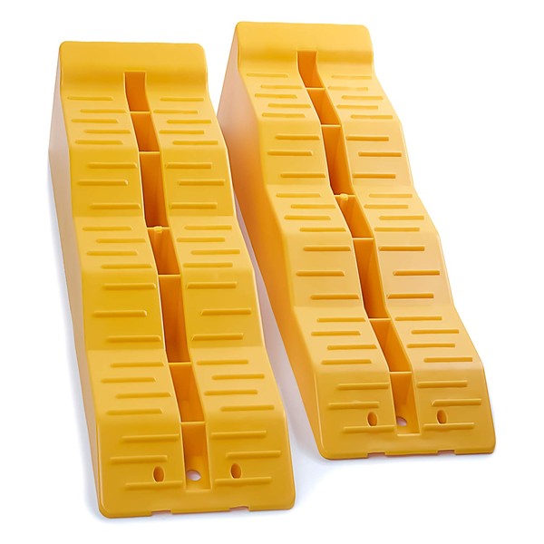 OxGord RV Leveling Ramps - Camper or Trailer Leveler/Wheel Chocks for Stabilizing Uneven Ground and Parking - Set of 2 Blocks, Yellow