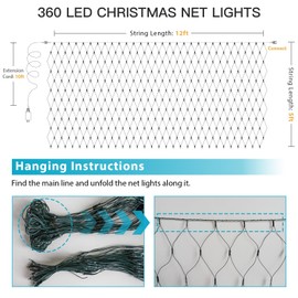 suddus 360 LED Christmas Net Lights, Net Lights Outdoor Mesh Lights,12ft x 5ft String Lights with Remote Waterproof Connectable Green Wire for Bushes, Hedge, Trees, Christmas Decoration, Multicolor
