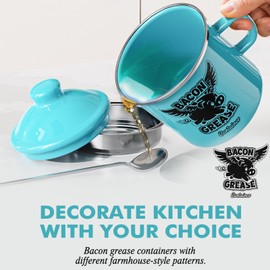 PGYARD Mini Bacon Grease Container With Strainer - 15OZ Farmhouse Enamel Grease Saver, Fat Storage For Kitchen, Dishwasher Safe-Light Blue