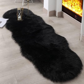 JXLOULAN Faux Lambskin Sheepskin Rug, Black, 60 x 160 cm, Longhair Fluffy Rug, Living Room Decoration, Soft Fur Carpet for Chairs, Sofa, Bedroom, Children's Room
