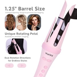 VURINI Automatic Curling Iron - 1.25" Rotating Curling Wand with 7 Temp. & 5 Timers Setting for Different Hair Types, Safe Auto Shut-Off, Easy to Use Hair Curler for Long Lasting Waves (Pink)