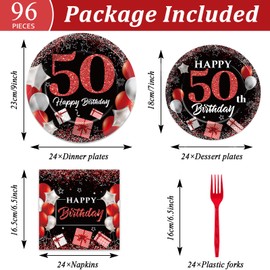 gisgfim 96 Pcs 50th Birthday Plates and Napkins Party Supplies 50 Years Old Birthday Party Tableware Set Red Black Dinner Dessert Plates 50th Birthday Decorations Favors for Man Women for 24 Guests
