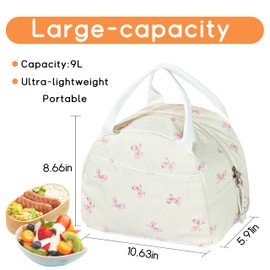 GISMTR Lunch Bag for Women Insulated Lunch Box Cute Corduroy Lunch Tote Bags Reusable Large Capacity Cooler Bag for Travel Work Picnic (pink bow)