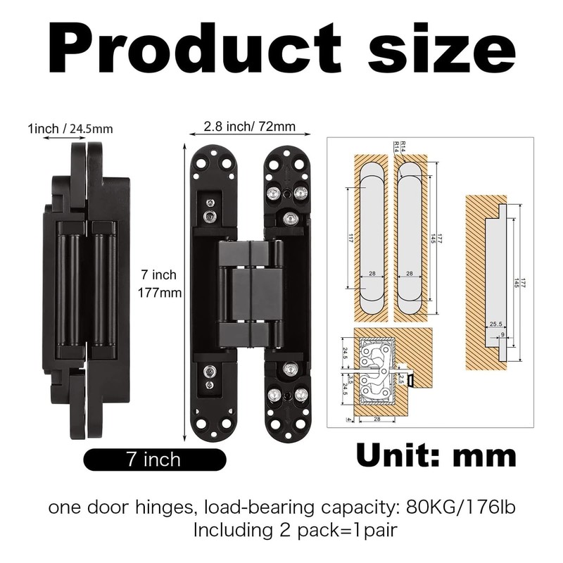 Pacify 2 Set 7Inches Hidden Door Hinges, Heavy Duty Concealed