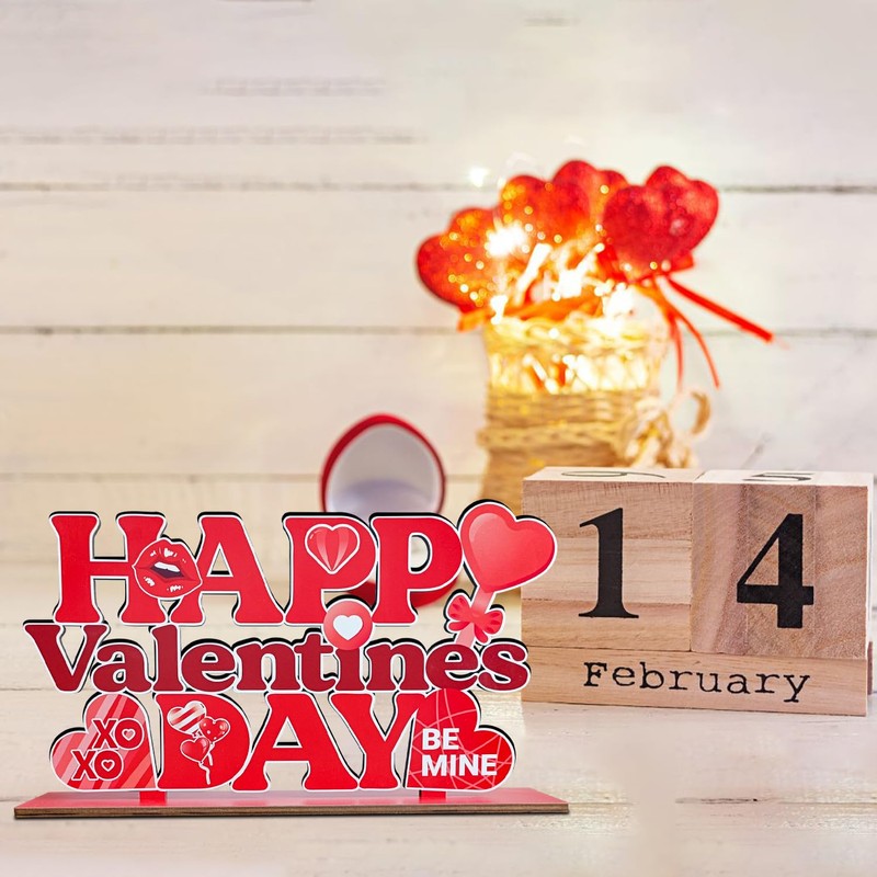 Valentines Day Table Decorations for Home Wood Decor 11.8x6.5inch Red