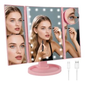 Espejo Maquillaje Luz Tríptica Aumentos 10x/3x/2x Plegable 22 Leds De Alto Brillo Diseño Tri-fold