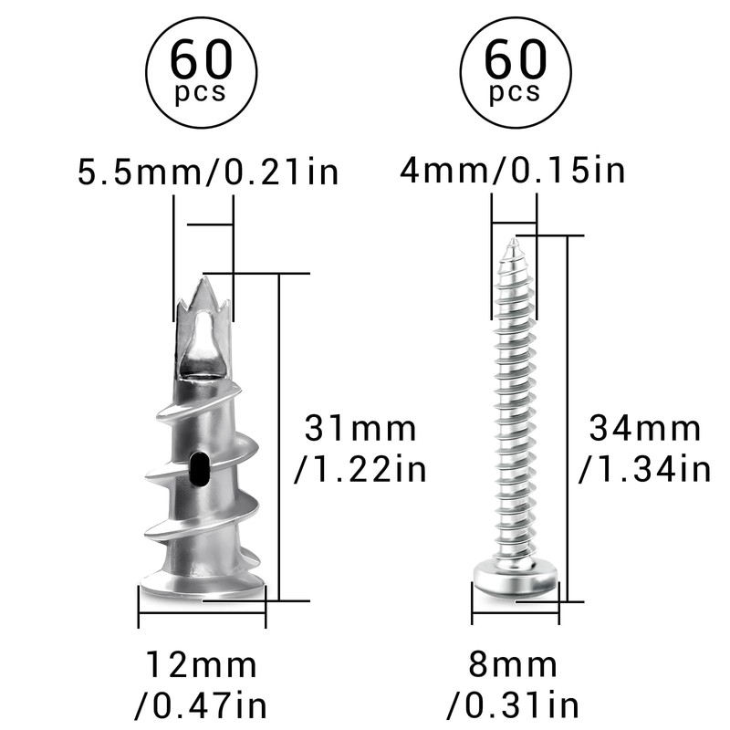 Mbsomnus 60pcs Heavy Duty Plasterboard Fixings Plasterboard Wall Plug with