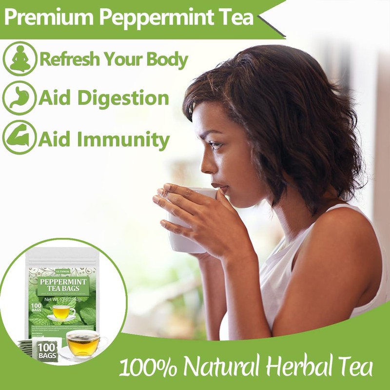 Premium Peppermint Tea Bags, 100 Tea Bags, Made with 100%
