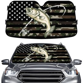 GENANY Fishing Flag Windshield Sun Shade for Car SUV Truck (55x30 Inches), Bass Fish Sun Shade Windshield, Shades for Front Windows, Sunshade for Car Windshield, Protector Blocks UV