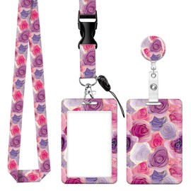 Badge Holder Case with Retractable Badge Reel Clip and Detachable Lanyard Strap Hard Vertical Card Protector for Women Nurse Teacher Student (Luxury Rose)