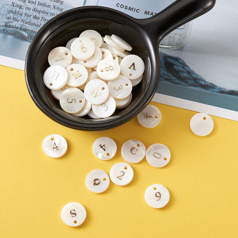 Craftdady 92pcs Freshwater Shell Alphabet Pendants Flat Round White Shell