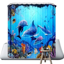 Neween Shower Curtains 3D Digital Printed Waterproof Bathroom Curtain Polyester Fabric Bath Curtain with 12 Shower Curtain Hooks for Bathroom, Machine Washable Standard Size (Dolphin-C, 180x200cm)