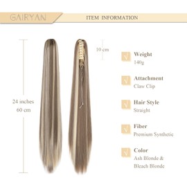 Gairyan 60 cm Ponytail Hairpiece Braid Extensions Long Straight Clip Claw Clip-In Ponytail Extensions Synthetic Hair Extensions Straight Hairpiece Hair Extension for Women Ash Blonde & Blonde