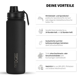 720°Dgree Stainless Steel Drinking Bottle "noLimit" - 950ml, 1200ml - Leak-Proof, Suitable for Carbonated Drinks, BPA Free, Insulated Bottle with Screw Cap for Sports, Fitness, Outdoors + Sports Lid, black, 950ml