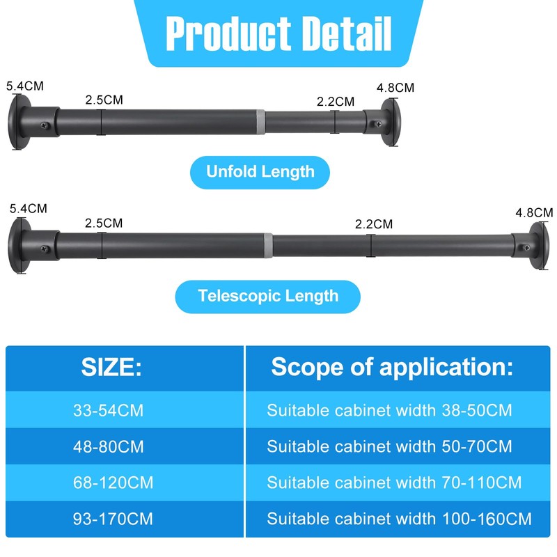 Wardlock 33cm-54cm Grey Extendable Stainless Steel Wardrobe Rail, Adjustable Clothes
