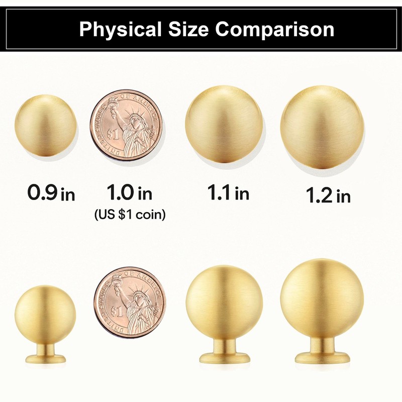 QOGRISUN 10-Pack Solid Brass Cabinet Knobs, Round Ball Gold Knobs