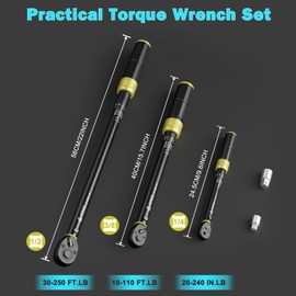 ANPUDS 1/4 3/8 1/2-inch Drive Torque Wrench, 5 Pcs Click Torque Wrench Set, 20-240in.lb, 10-110Ft.lb, 30-250Ft.lb with 2 Adapters, Dual-Direction, 72-Tooth, Dual Range Scales for Bike, Motorcycle, Car