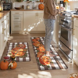 KIMODE Anti Fatigue Mats for Kitchen Floor 17"x47"+17"x29", Brown and White Plaid Kitchen Rugs Sets of 2, Fall Pumpkin Kitchen Mat, Cushioned Kitchen Floor Mat Non Skid for Laundry Office Sink Desk