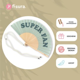 Fisura - Original hand fan with the message "Superfan". Modern and fun fan. Green folding fan. Dimensions: 42.5 x 23 cm. Material: wood and textile.