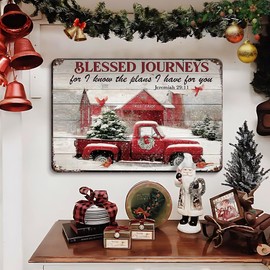 Red Truck Barn Cardinal Blessed Journeys Merry Christmas Metal Sign