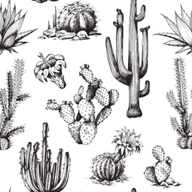17.5x591" Modern Western Peel and Stick Wallpaper Black and White Wall Paper for Bathroom Waterproof Cactus Floral Desert Southwest Prepasted Self Adhesive Western Contact Paper Removable