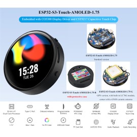 ESP32-S3 with 1.75inch AMOLED Round Touch Display Development Board, 466x466, QSPI Interface, Onboard Dual Digital Microphone Array, Support AI Speech Interaction, with 8Ω 2W Speaker and Case