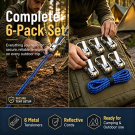 LeKuni Pack of 6 Stainless Steel Rope Tensioners with Rope for Easy and Secure Attachment, Camping Rope Tensioner with Pulley for Boating, Home and Outdoor Activities