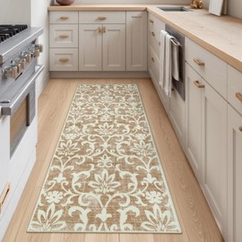 Morebes Vintage Bathroom Runner Rug, 2x5 Washable Kitchen Sink Runner Rug Non Slip, Soft Floral Entryway Rug Indoor Non Shedding Floor Carpet Runner for Hallway Laundry Bedroom, Khaki