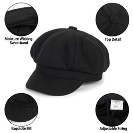 Kids Boys Girls Youth Newsboy Cap Adjustable Visor Wool Beret Hats Vintage Octagonal Hat Black