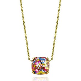 Hoops & Loops Yellow Gold Flashed Sterling Silver Multi Color Glitter 10mm Cushion-Cut Dainty Necklace