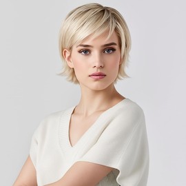 Gradient Blonde Wig for Women, Elf Wig, Short Wig for Women with Bangs, Fashion Natural Fluffy Wig for Women with Short Hair