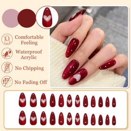 24Pcs Burgundy Cat Eye French False Nails Long Almond, Love Design Gel Fake Nails Press on, Solid Color Glossy Glitter Acrylic Stick on Nails for Women DIY Manicure, Natural & Reusable, Easy to Use