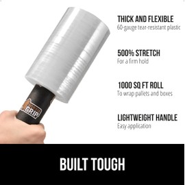 GORILLA GRIP 500% Shrink Wrap Roll with Handle, 5" 1000ft Plastic Wrap Stretch Film, Puncture Resistant Industrial Strength Moving Supplies, Pallet Storing, Packing Furniture Protection, 2 Pack Clear