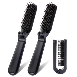Foldable Brush for Purse, 2-Pack Portable Travel Hair Brush with Natural Wild Boar and Nylon Bristle, Folding Combs, Mini Wet Brush, Small Hair Brush, Compact Brush (Black)