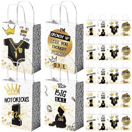 KARAQY 16 Pcs Notorious One Gift Bags with Handle, Black Gold Hip Hop Theme Goodie Treat Party Favor Bags for 1st Birthday Party