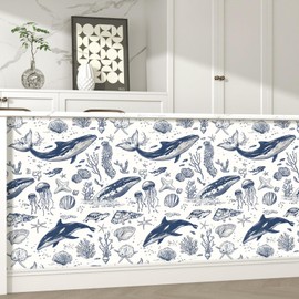 Fvlow Blue Whale Wallpaper Peel and Stick 17.4" x 118" Ocean Contact Paper Self Adhesive Covering for Kids Bedroom Home Decor